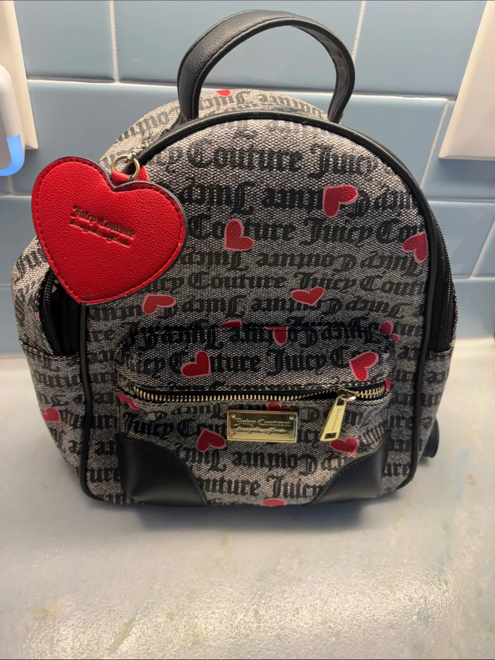 Juicy Couture Black Logo Canvas Mini Backpack with Red Hearts